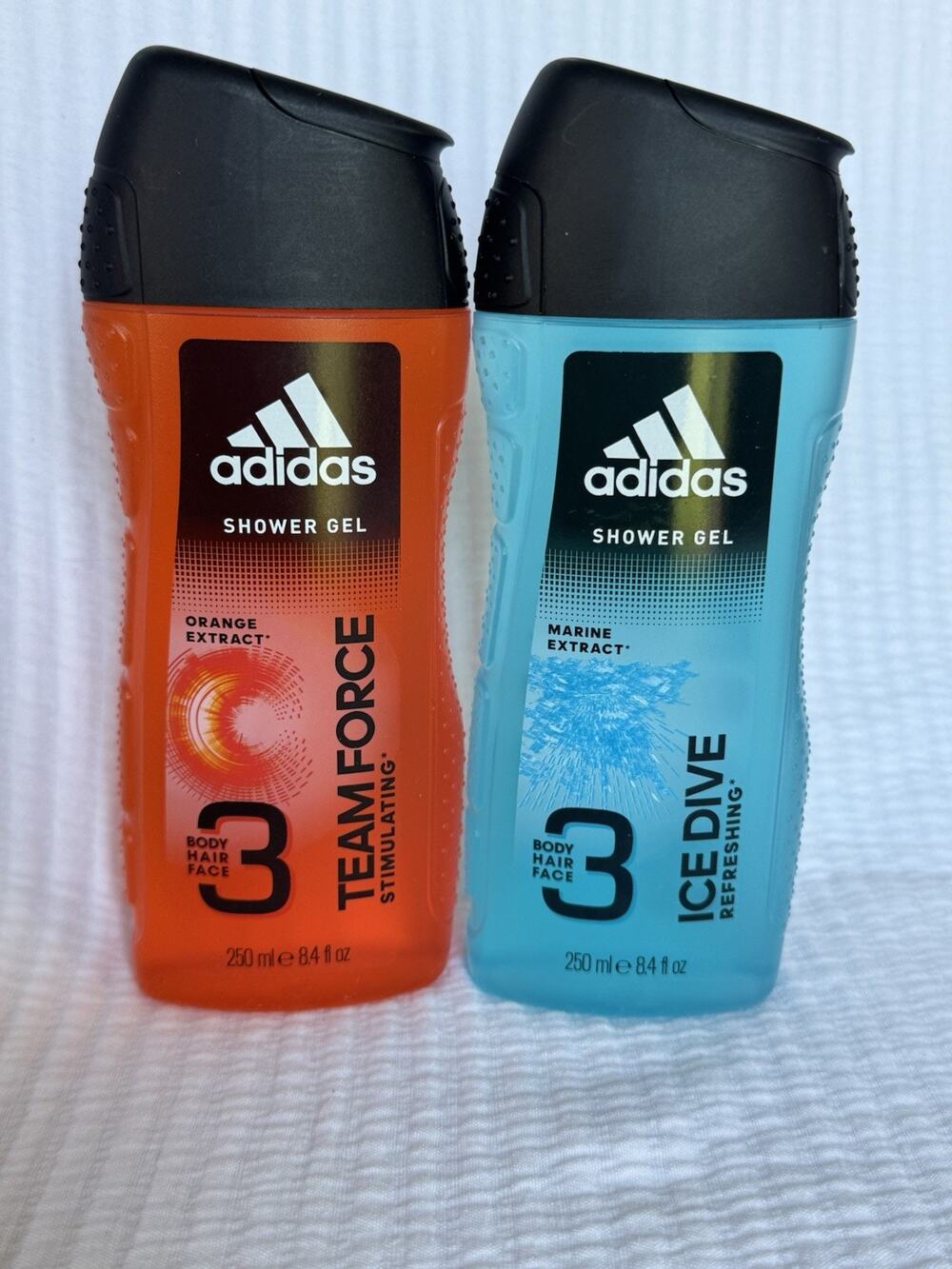 Lot Of 2 Adidas Team Force & Ice Dive 3 in 1 Hair Body Face Shower Gel 8.4 fl oz